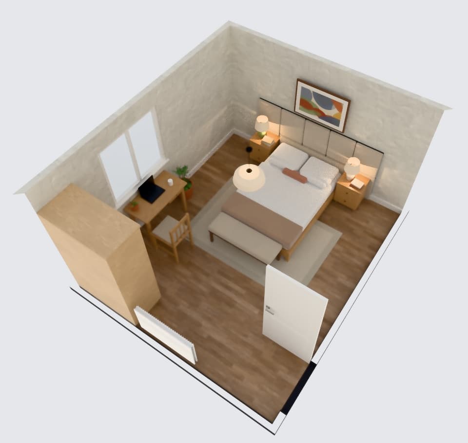 The same bedroom from above, to scale, with the walls nearest the camera cut away.